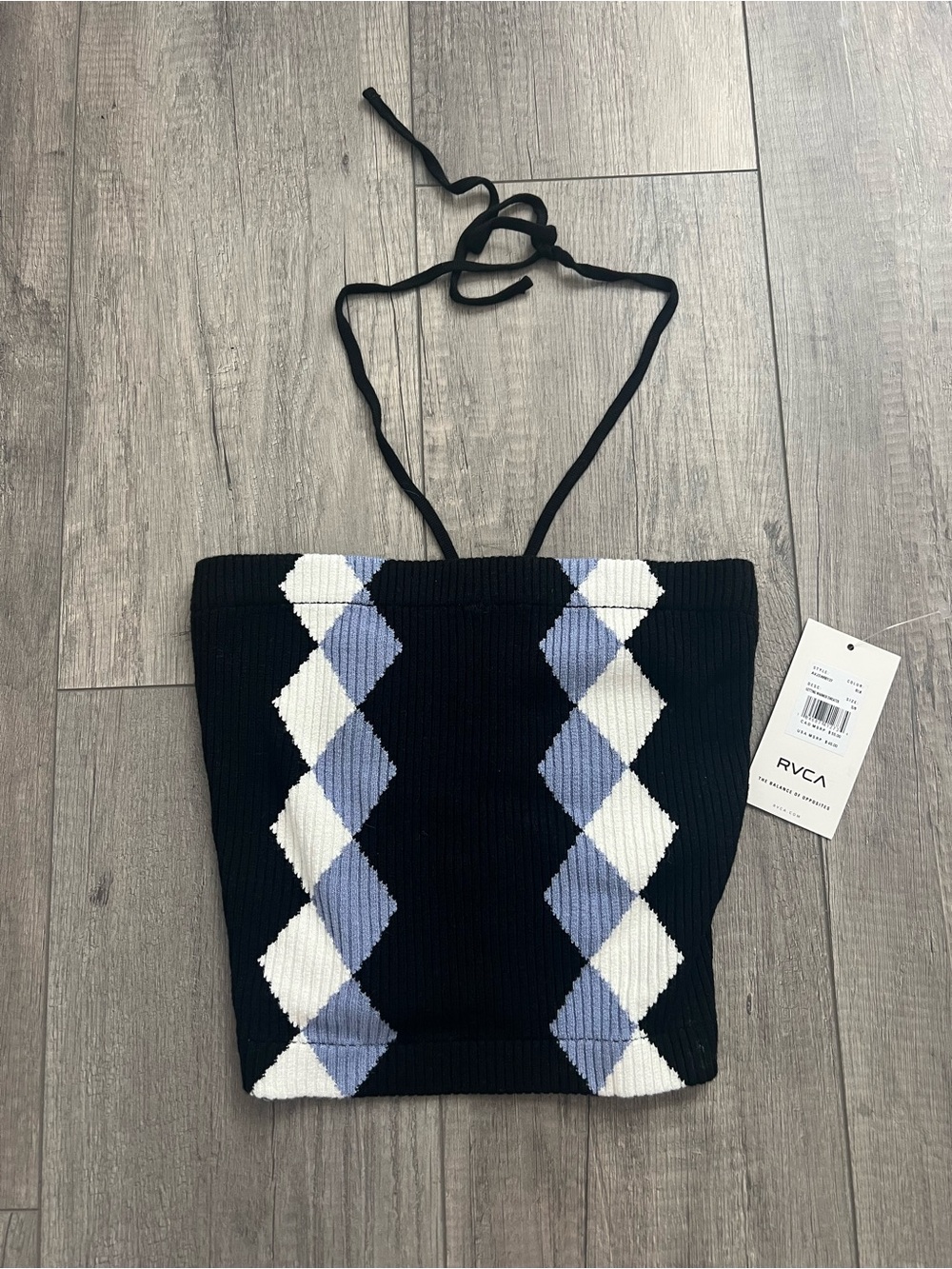RVCA Black Ribbed Knit Halter Crop Top with Argyle Detail